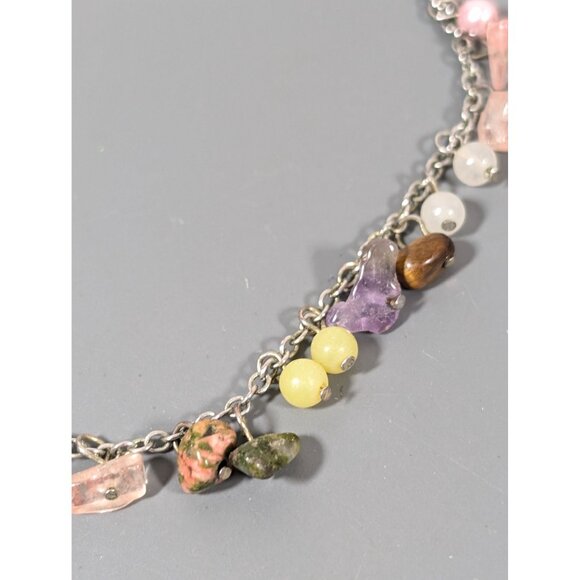 Boho Stone And Faux Pearl Charm Cluster Dainty Necklace Silver Tone 19" - Picture 3 of 9